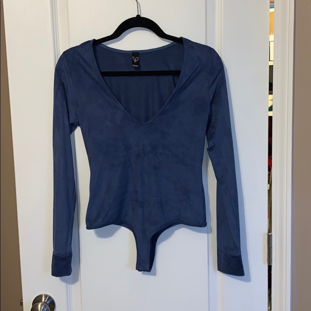 Navy suede long sleeve bodysuit